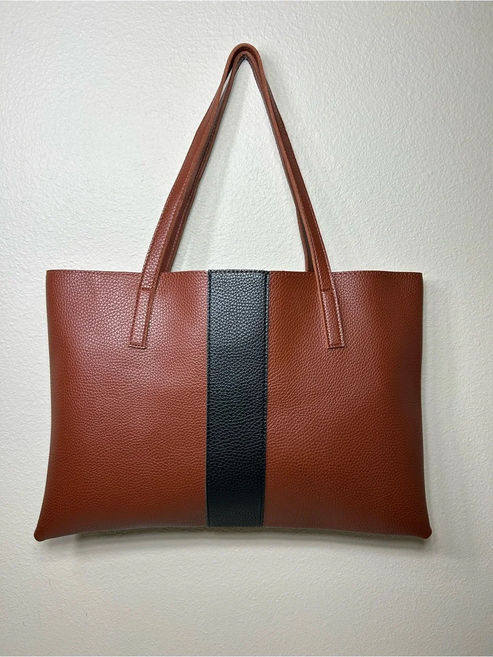 Vince Camuto Faux Pebble leather Brown Black Laptop Tote Bag Minimalist Work